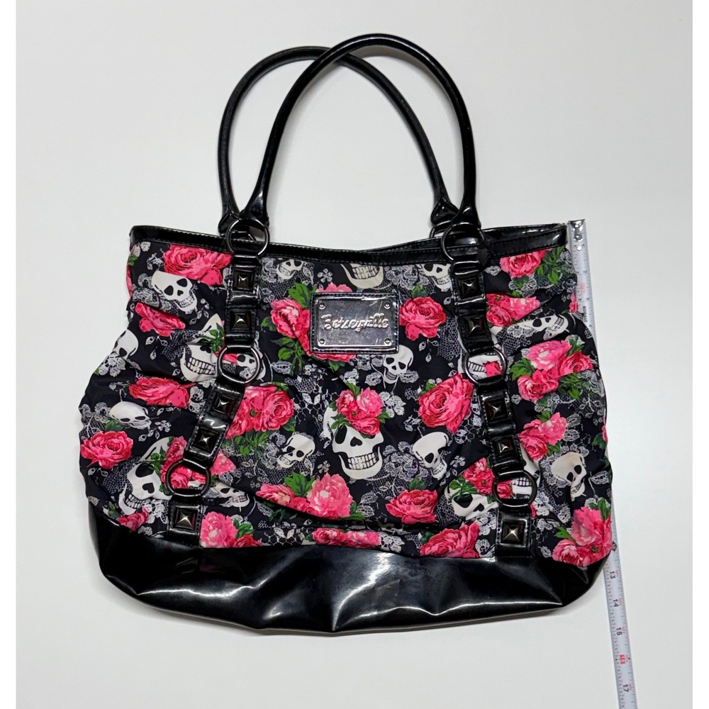 Betseyville Betsey Johnson Skull Rose Floral Tote Bag Black Pink Patent Studded